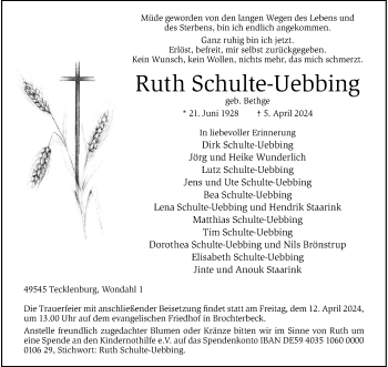 Anzeige von Ruth Schulte-Uebbing 