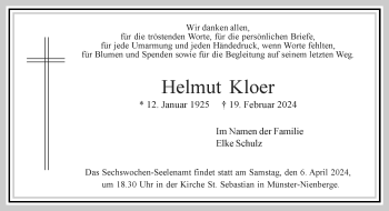 Anzeige von Helmut Kloer 