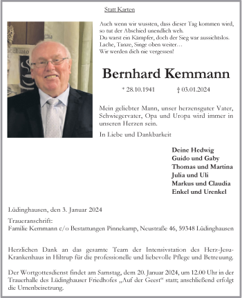 Anzeige von Bernhard Kemmann 