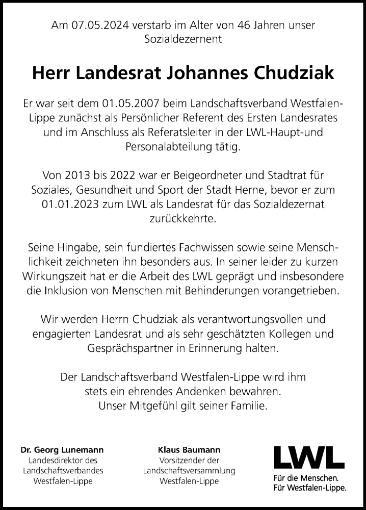  Traueranzeige für Johannes Chudziak vom 18.05.2024 aus 