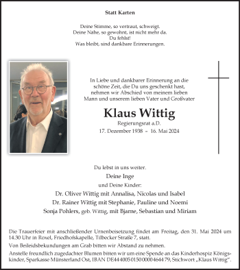 Anzeige von Klaus Wittig 