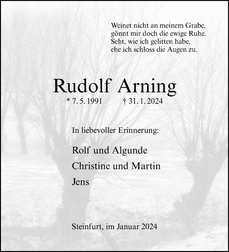  Traueranzeige für Rudolf Arning vom 07.02.2024 aus 