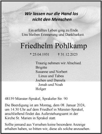 Anzeige von Friedhelm Pohlkamp 