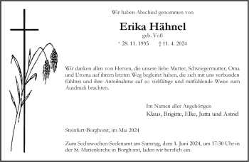 Anzeige von Erika Hähnel 