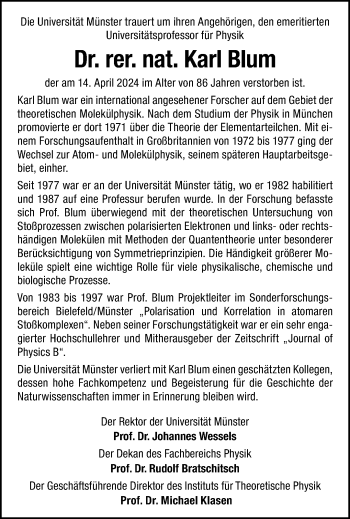 Anzeige von Dr. rer. nat. Karl Blum 