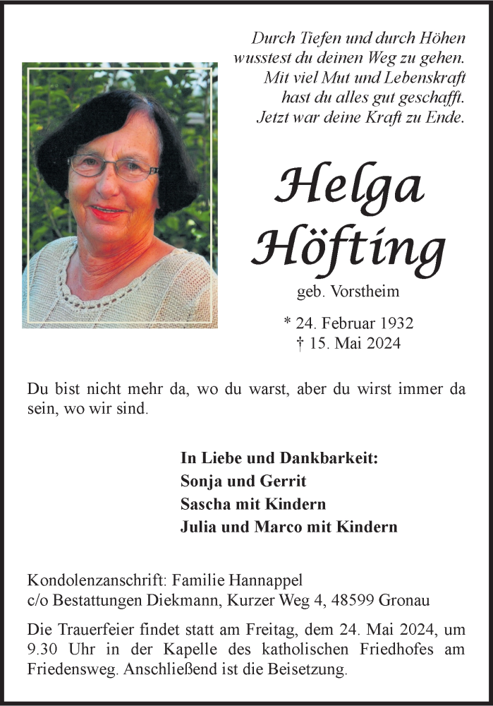  Traueranzeige für Helga Höfting vom 18.05.2024 aus 