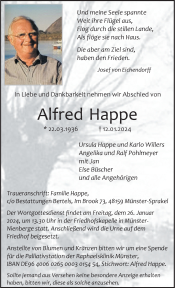 Anzeige von Alfred Happe 