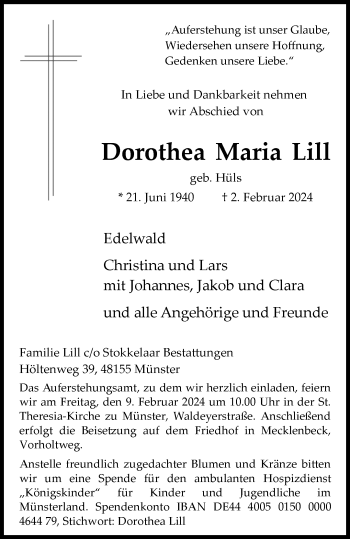 Anzeige von Dorothea Maria Lill 