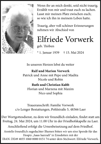 Anzeige von Elfriede Vorwerk 