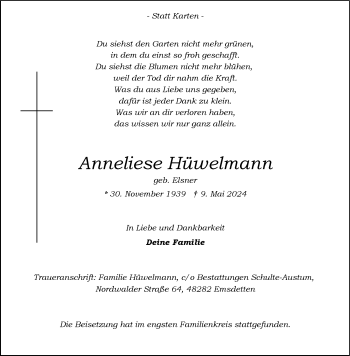 Anzeige von Anneliese Hüwelmann 