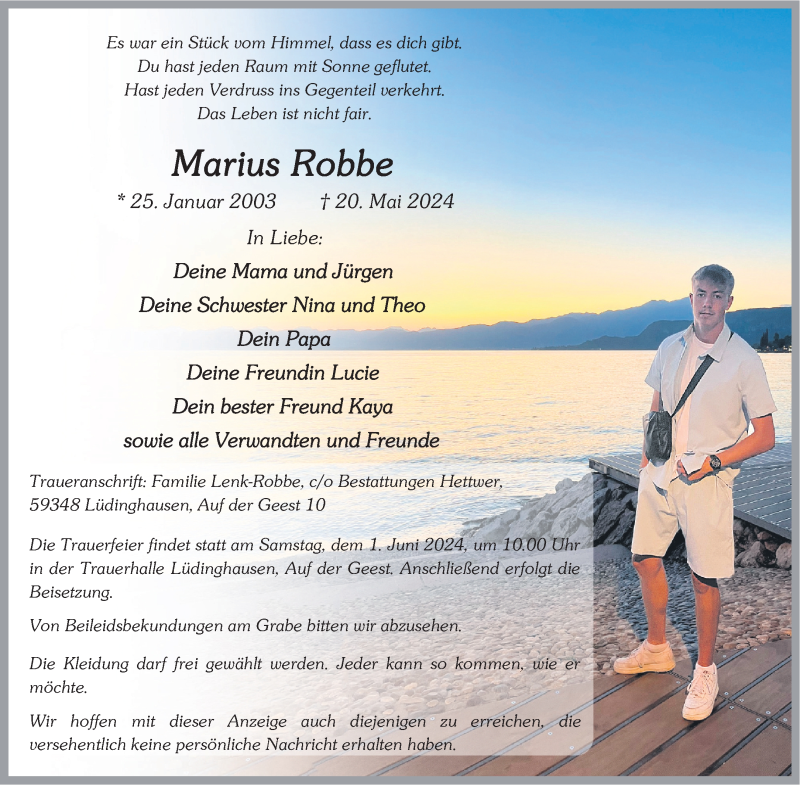  Traueranzeige für Marius Robbe vom 29.05.2024 aus 