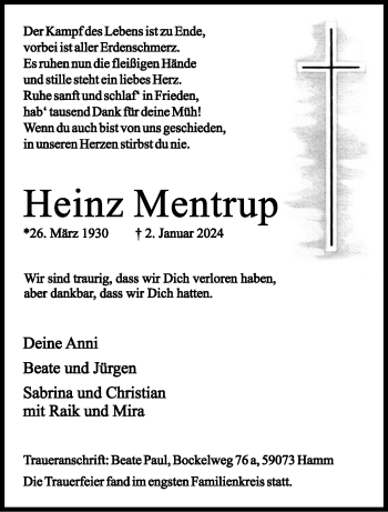 Anzeige von Heinz Mentrup 