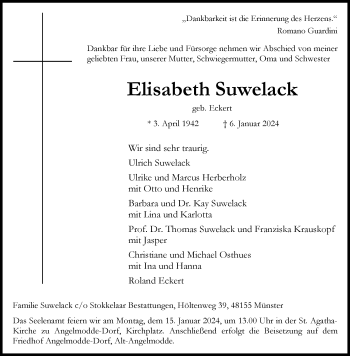 Anzeige von Elisabeth Suwelack 