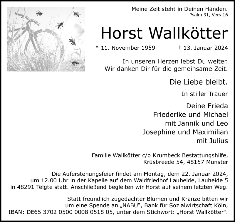  Traueranzeige für Horst Wallkötter vom 20.01.2024 aus 