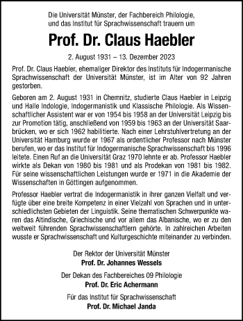 Anzeige von Prof. Dr. Claus Haebler 