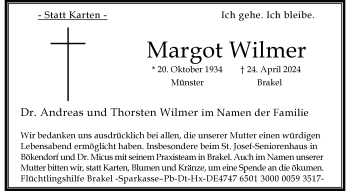 Anzeige von Margot Wilmer 