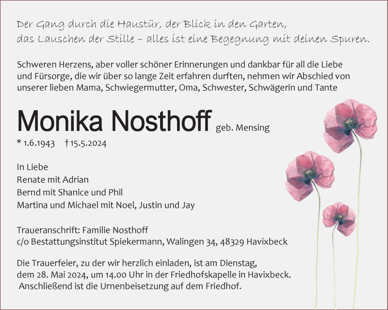  Traueranzeige für Monika Nosthoff vom 18.05.2024 aus 