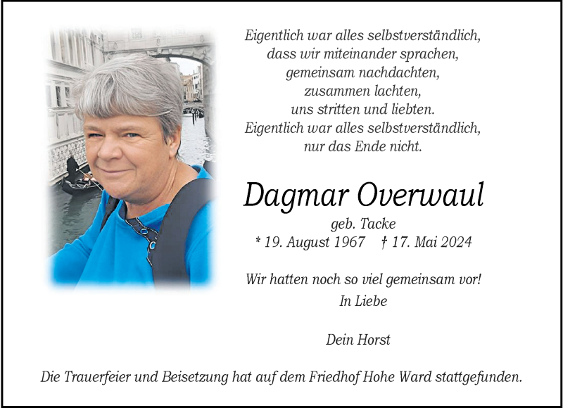  Traueranzeige für Dagmar Overwaul vom 01.06.2024 aus 