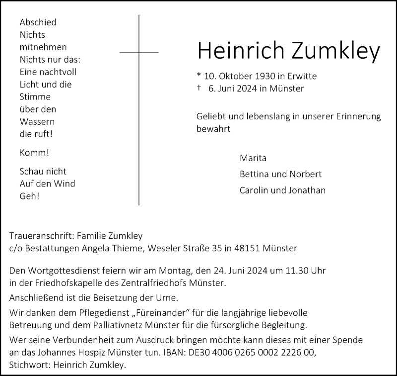  Traueranzeige für Heinrich Zumkley vom 15.06.2024 aus 