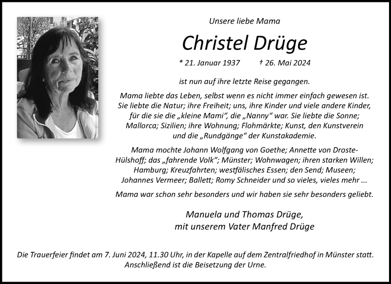  Traueranzeige für Christel Drüge vom 01.06.2024 aus 