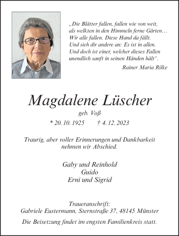 Anzeige von Magdalene Lüscher 