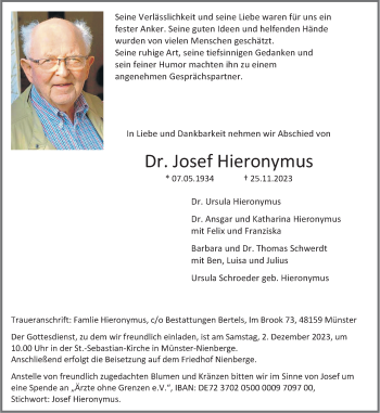 Anzeige von Dr. Josef Hieronymus 