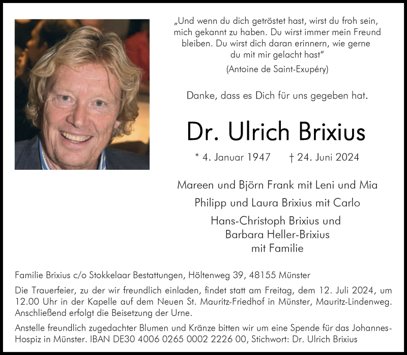  Traueranzeige für Dr. Ulrich Brixius vom 29.06.2024 aus 