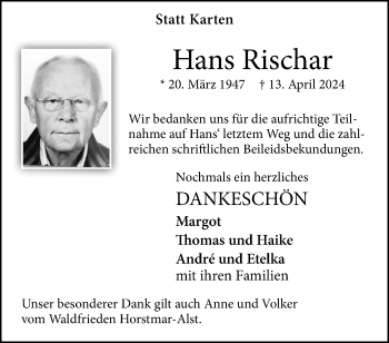 Anzeige von Hans Rischar 