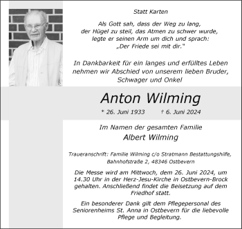 Anzeige von Anton Wilming 