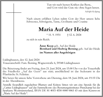 Anzeige von Maria Auf der Heide 