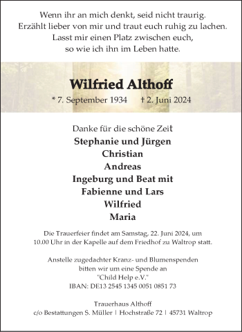 Anzeige von Wilfried Althoff 