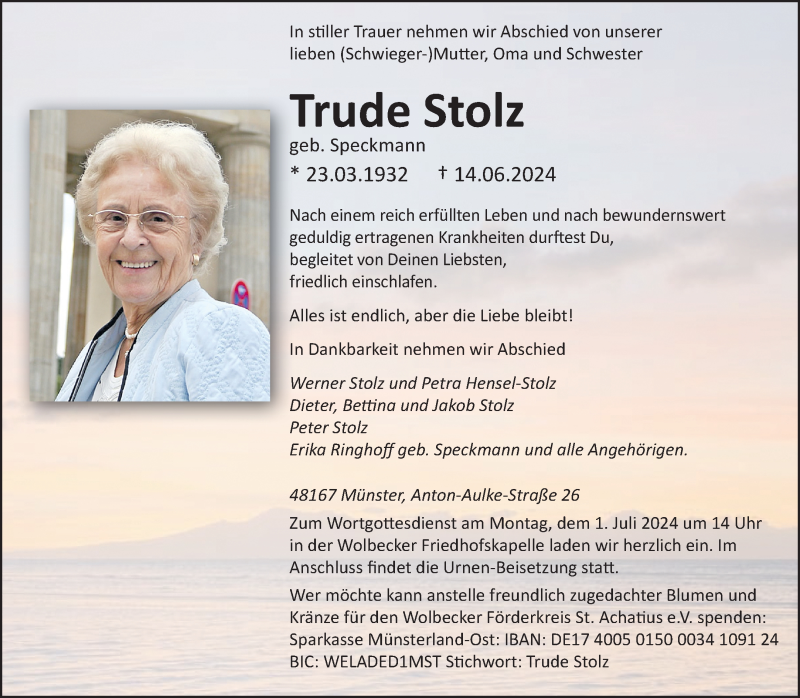  Traueranzeige für Trude Stolz vom 22.06.2024 aus 