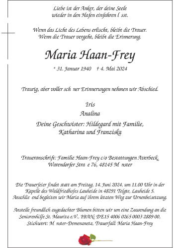 Anzeige von Maria Haan-Frey 