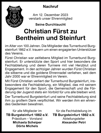 Anzeige von Christian Fürst zu Bentheim und Steinfurt 