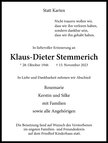 Anzeige von Klaus-Dieter Stemmerich 