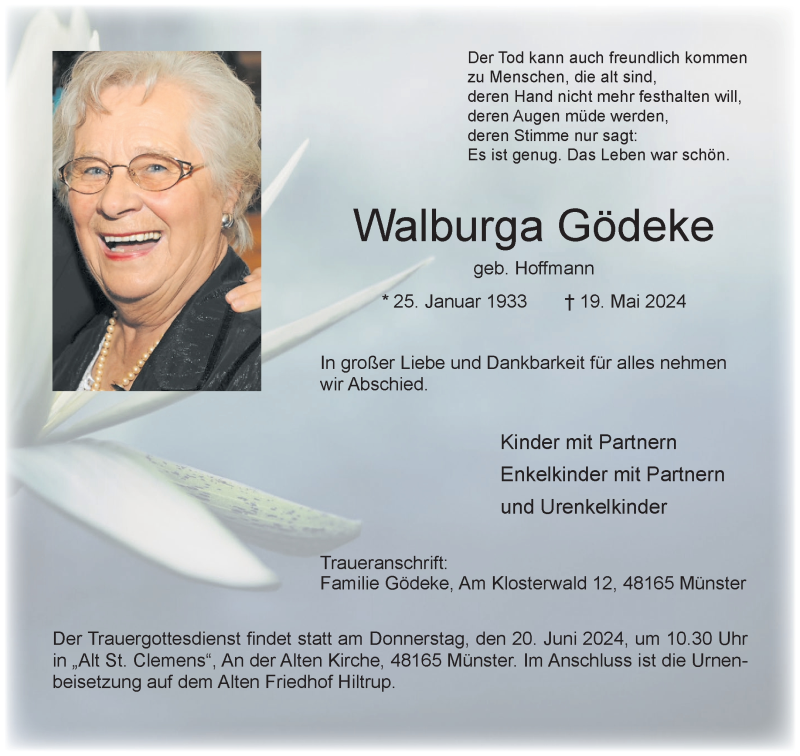  Traueranzeige für Walburga Gödeke vom 08.06.2024 aus 