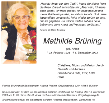 Anzeige von Mathilde Brüning 