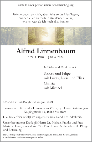 Anzeige von Alfred Linnenbaum 