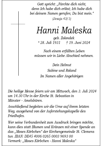 Anzeige von Hanni Maleska 