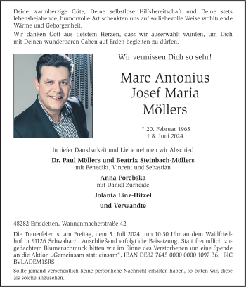 Anzeige von Marc Antonius Josef Maria Möllers 