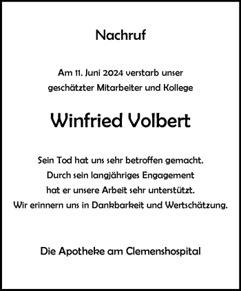 Anzeige von Winfried Volbert 