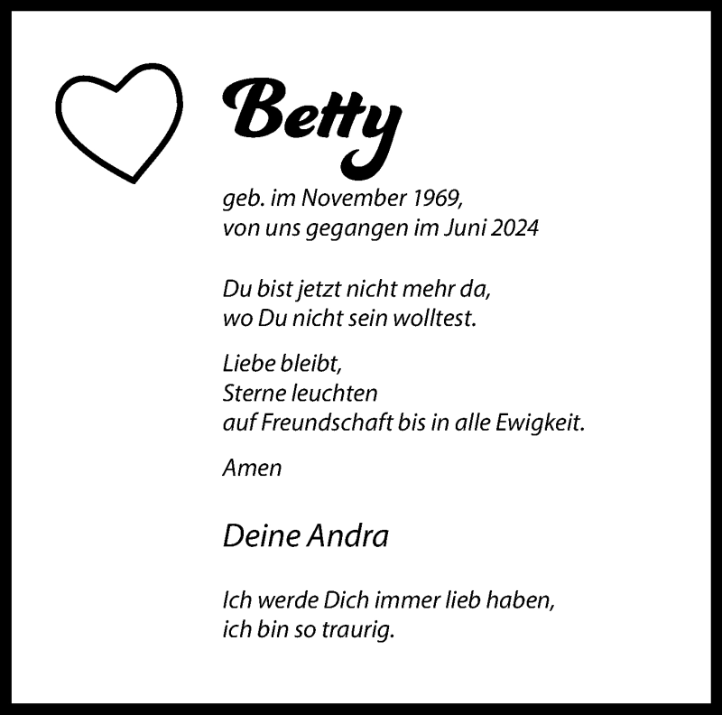  Traueranzeige für Betty -- vom 22.06.2024 aus 