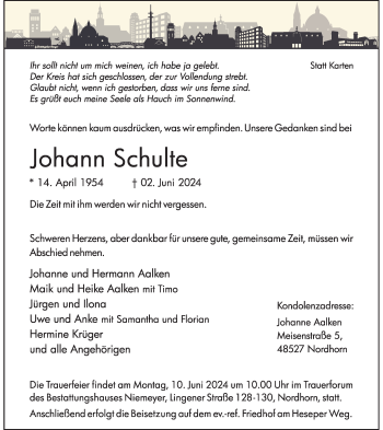 Anzeige von Johann Schulte 