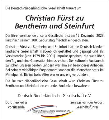 Anzeige von Christian Fürst zu Bentheim und Steinfurt 