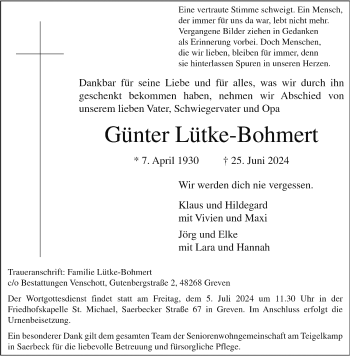 Anzeige von Günter Lütke-Bohmert 