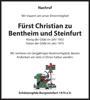 Anzeige von Fürst Christian zu Bentheim und Steinfurt 