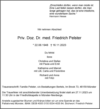 Anzeige von Priv. Doz. Dr. med. Friedrich Pelster 