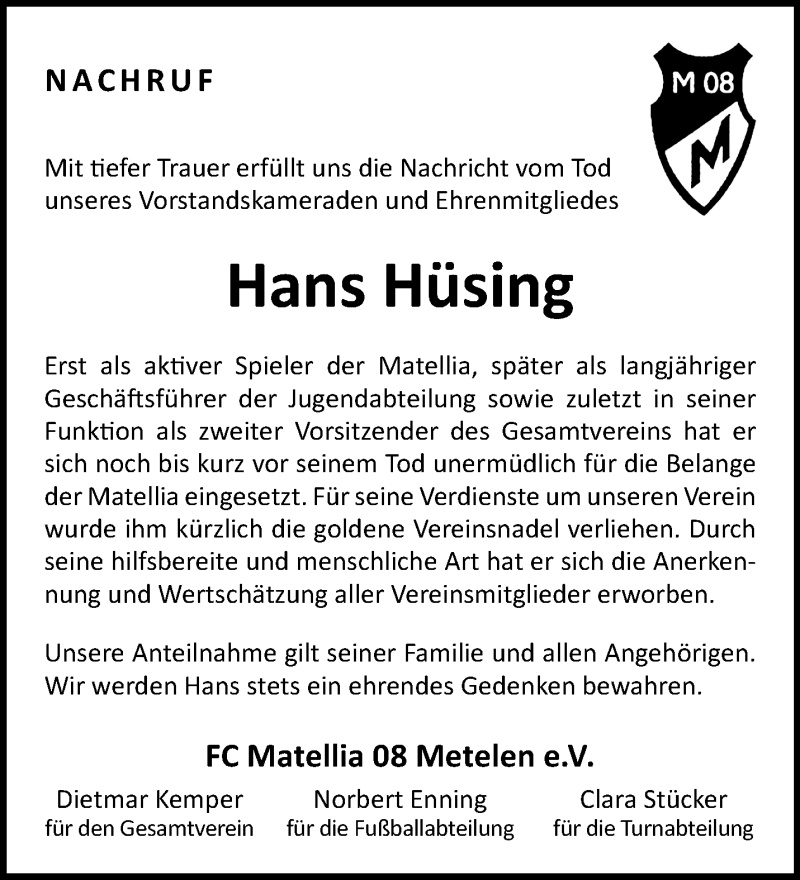  Traueranzeige für Hans Hüsing vom 29.11.2023 aus 