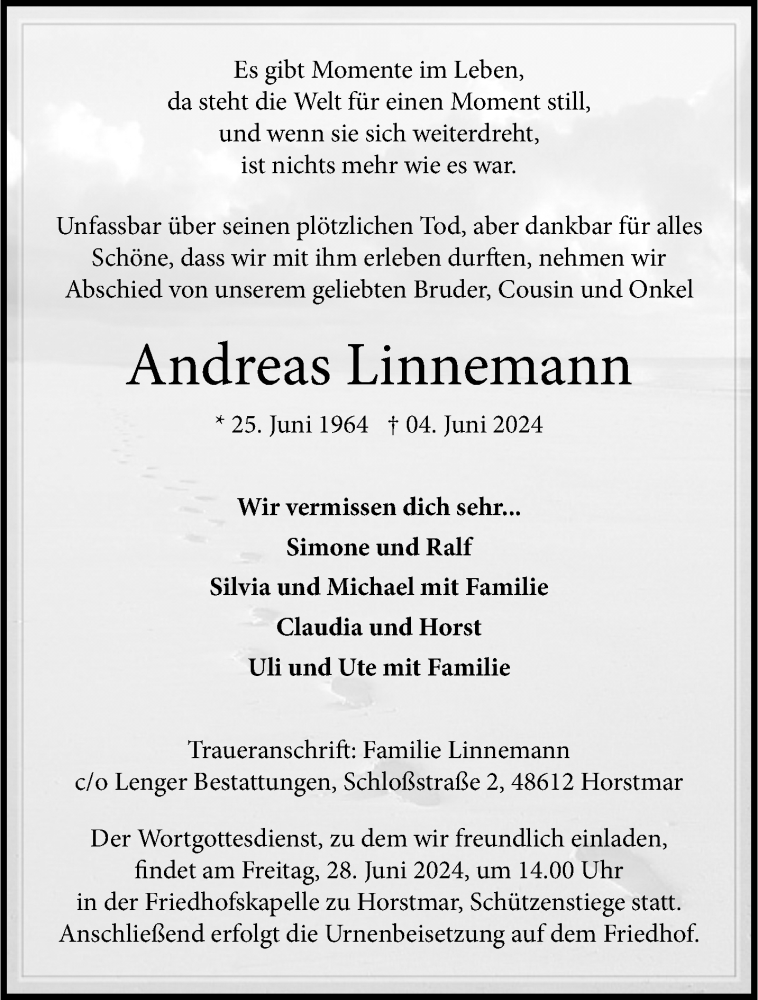  Traueranzeige für Andreas Linnemann vom 22.06.2024 aus 