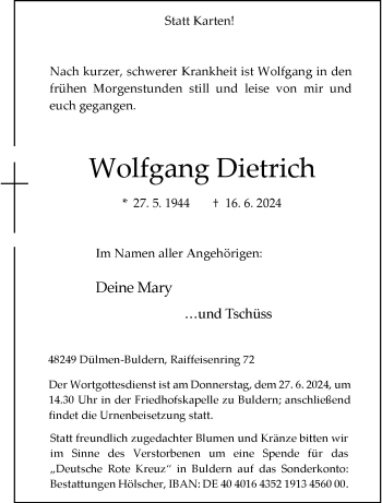 Anzeige von Wolfgang Dietrich 